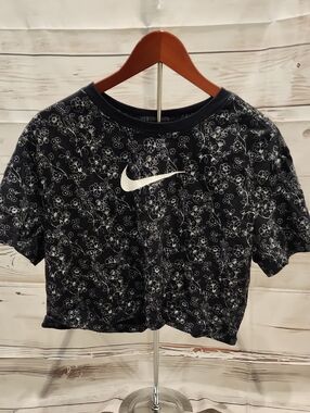Nike Black Crop Tee with Silver Floral Print and White Swoosh